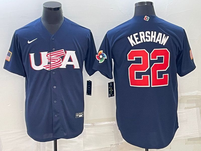Men 2023 World Cub USA #22 Kershaw Blue Nike MLB Jersey7->more jerseys->MLB Jersey